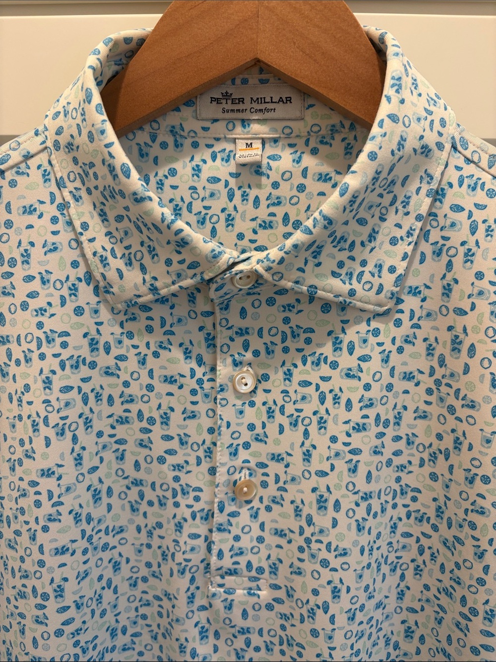 Peter Millar Summer Comfort White Polo with Blue Mojito Print